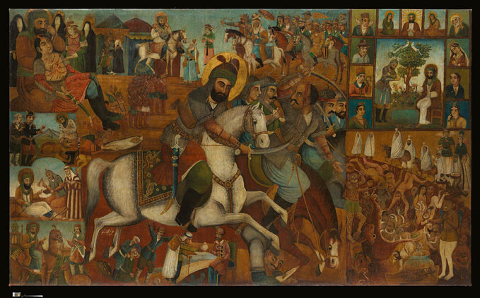 A densely packed painting featuring a warrior on horseback surrounded by other characters and scenes