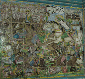 A battle scene foregrounding a young warrior on horseback
