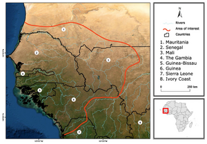 Map 3.1: Greater Senegambia. Greater Senegambia, formed by the basin of the Senegal and Gambia rivers and, to the south, the Kolonté river, whose headwaters are in the same region as the two rivers that flow to the north.