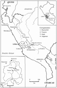Map 4.1: The corregimientos of HuarochirÃ, Yauyos, Jauja, and Angaraes, part of the larger court district of Limaâs Audiencia Appellate Court the corregimiento of Yauyos, which included the village of Carania