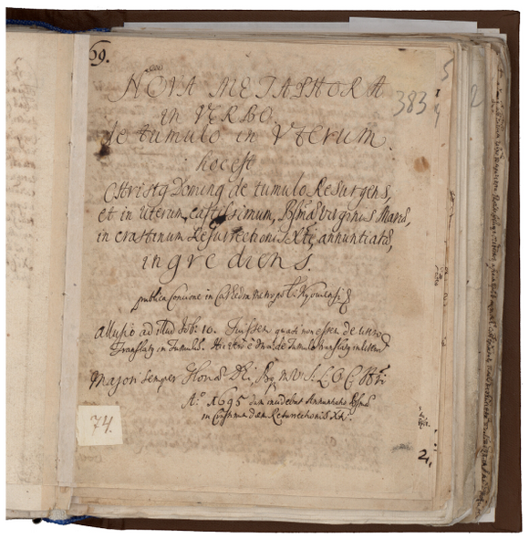Figure 14a: The title page of the sermon Nova metaphora in verbo de tumulo in uterum, RGIA, Ñ. 834, оп. 2, д. 1592а, f. 383