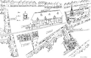 Helen M. James – Jane E. Cook (illustr.), Plan of the Vieux-Marché and of the Marché aux Veaux, 1899. Print. Rouen, the Old Market Place after an early sixteenth-century town map, showing the Butchers Hall and two parish churches, St. Savior and St. Michael (on the right). Next to St. Michael, the Eelkens lived at the angle of the rue du Massacre or the rue du Gros-Horloge, north of the church where Jacques and Pierre Eelkens were treasurers. From: Cook Th.A., The Story of Rouen (London: 1899) 209