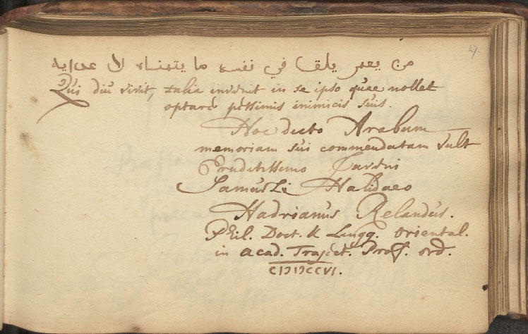 Reland’s inscription for Samuel Haliday (Leiden University Libraries, MS AHM 8)