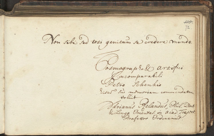 Reland’s inscription for the cartographer Peter Schenk (Leiden University Libraries, MS 903 f. 72r)