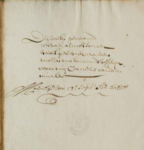 Inscription by Cornelis Mutter in Hamburg, Staats- und Universitätsbibliothek, Cod. Orient. 177: ‘Dit boek genaamd ichlaak almohsanien heeft geschreven een molla mahammed hosseyn voor my Cornelis vander murter. Masulip. den 12e Sept. Ao. 1680’ (‘This book entitled Akhlāq al-Muḥsinī was written by mullah Muhammad Hussein for me, Cornelis van der Murter’)