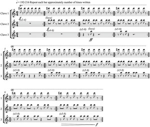 Reich, Music for Pieces of Wood, mm. 1–10, Clave 3’s build-up in the 6/4 section.