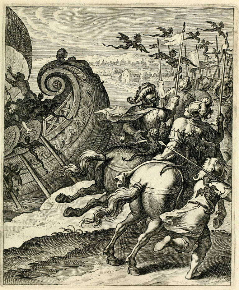 Vaenius, engraving to emblem 44, âCurae inevitabilesâ (1607, p. 95): âCuraeâ (âSorrowsâ) boarding an armed Roman ship equipped with a bronze prow head of a female figure. Public domain