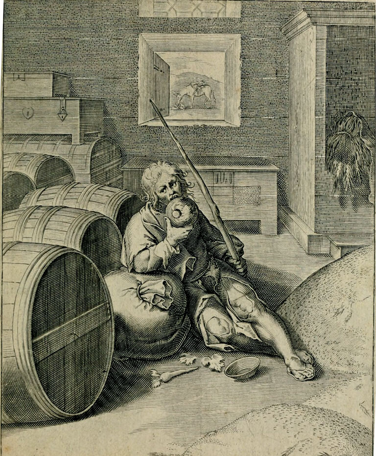 The greedy rich man (Avarus). Vaenius, Emblemata Horatiana (1607). Engraving to image to emblem 62 (p. 131)