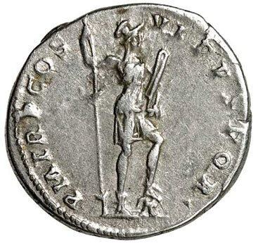 The goddess Virtus: a female figure with helmet, a spear in her left hand, and the parazonium (triangular sword) in her right hand. Silver denarius of Trajan, issued 114â117. https://www.forumancientcoins.com/moonmoth/coins/trajan_014.htm