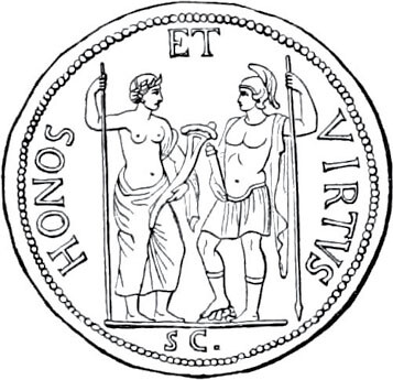 The deities Honos and Virtus. Honos as a young man, bare to his waist, holding a sceptre in his right hand and a cornucopiae in his left, facing Virtus, helmeted, holding a parazonium in his right hand and a spear in his left, resting with her right foot on a boarâs head. After Roman coin, 1st cen. AD. Public domain
