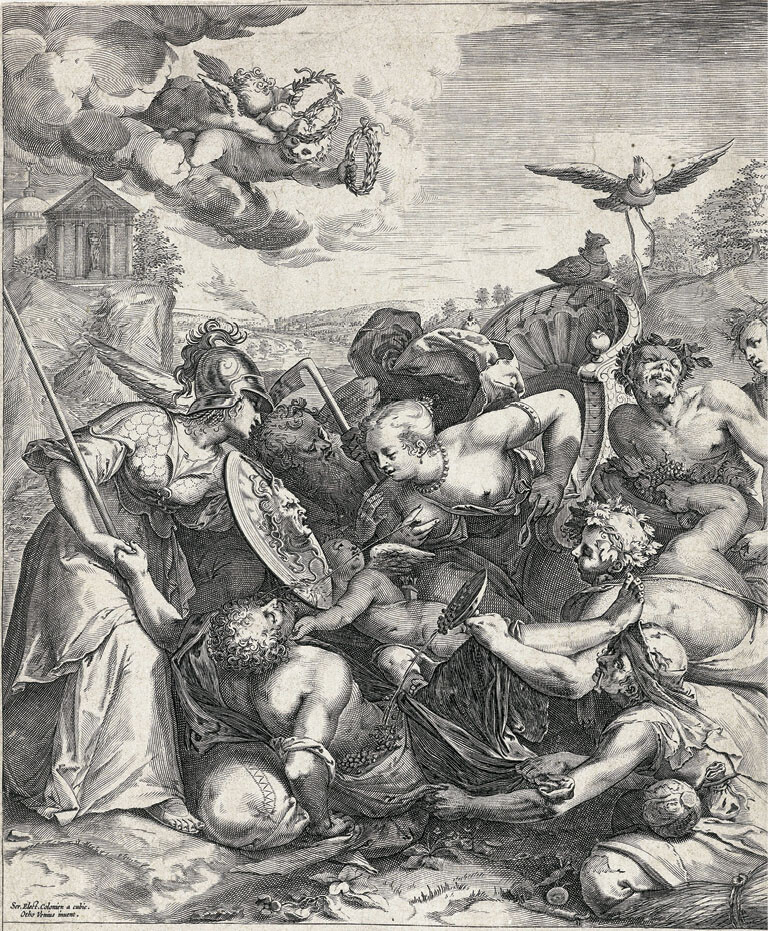 Pieter Perret after Otto Vaenius, Minerva protects the Young Man (Siphyllis). Engraving, 32.2 Ã 22.1 cm. Rijksmuseum Amsterdam. Public domain