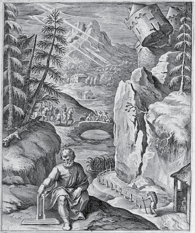 Vaenius, Emblemata Horatiana (1607). Engraving to emblem 46, âCulmen honoris lubricumâ (p. 99)