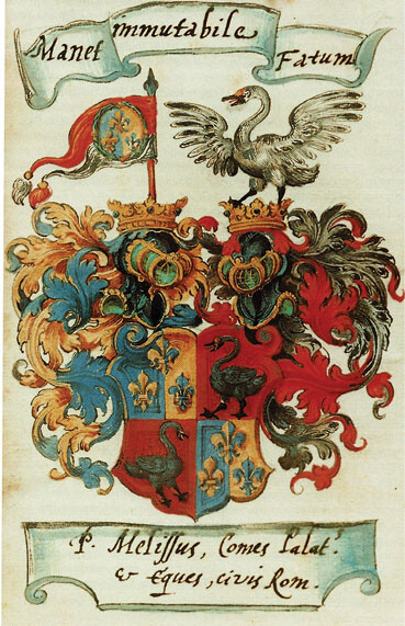 Coat of arms of the Calvinist poet Paulus Melissus (Schede) with his impresa âManet immutabile fatumâ. Nuremberg, Stadtbibliothek, Cod. Phil. 2861.8°. Public domain