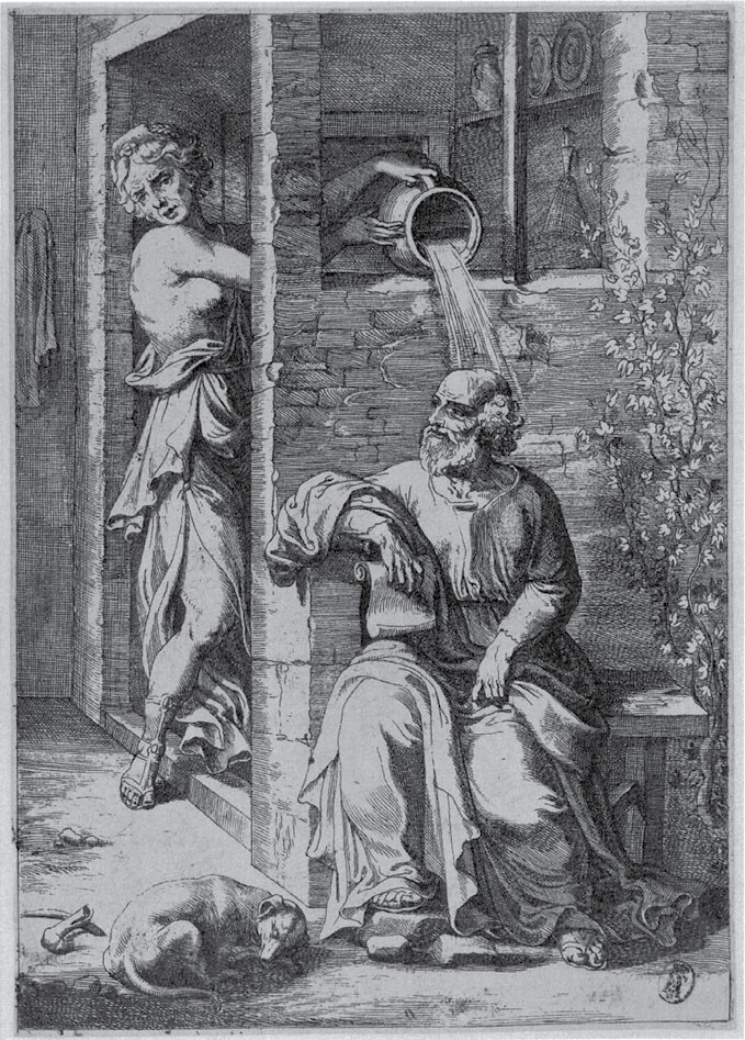 Anonymous Dutch artist, 17th century, Socrates and Xanthippe. Engraving, 9.0 Ã 12.5 cm. Museum Boijmans-van Beuningen, Rotterdam