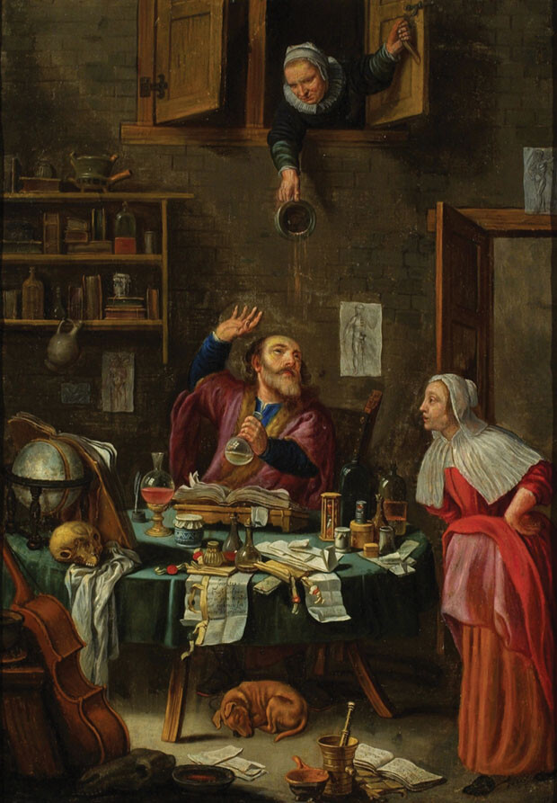 Medical doctor rendered as the philosopher Socrates, with Xanthippe pouring a pisspot on his head. Dutch School, 17th century, oil on canvas. The Fisher Collection at the Franklin Institute, Philadelphia, PA. Wikimedia commons