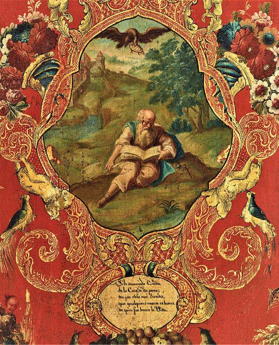 Vaeniusâs Emblemata Horatiana, emblem 89, The death of Aeschylus: detail of the 7th panel of the Dallas folding screen with a set of Emblemata Horatiana, viceroyalty of New Spain, ca. 1740â1760. Oil on canvas, pine, gilding, 150.5 Ã 34 cm (screen in total 340 cm). Dallas Museum of Art, gift of the Stanley and Linda Marcus Foundation, 1993.74.A-B. Image courtesy Dallas Museum of Art