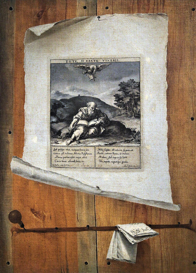 Francisco Gallardo, trompe-lâÅil with Vaeniusâs Emblema Horatianum 89, âTute, si recte vixerisâ, 1720. Alamy Stock Photo, object number J8XPR7