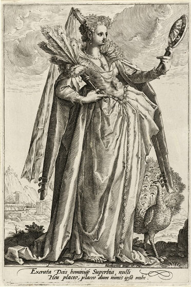 Hendrik Goltzius (inventor), engraving ascribed to Jacob Matham, Superbia from the series of The Seven Vices, by the same artists, 1587. Wikimedia commons