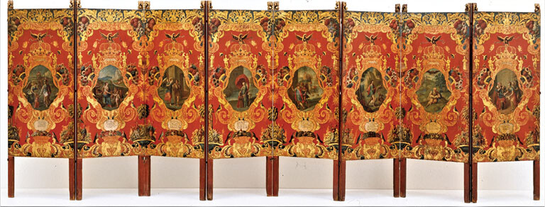 Folding screen (biombo) with a set of Emblemata Horatiana, viceroyalty of New Spain, ca. 1740â1760. Oil on canvas, pine, gilding, 150.5 Ã 340 cm. Dallas Museum of Art, gift of the Stanley and Linda Marcus Foundation, 1993.74.A-B. Image courtesy Dallas Museum of Art