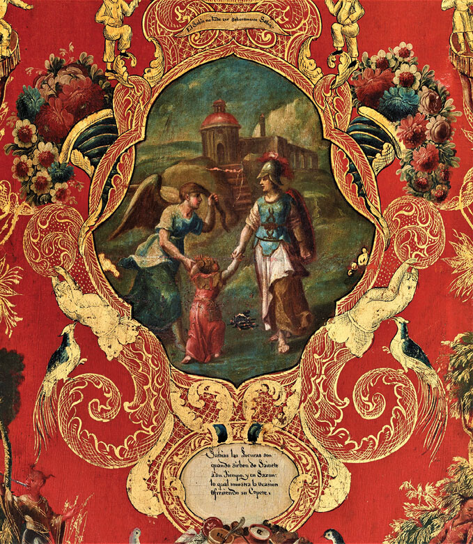 Element 1 of folding screen (biombo) with a set of Emblemata Horatiana, viceroyalty of New Spain, ca. 1740â1760. Oil on canvas, pine, gilding, 150.5 Ã 34 cm (screen in total 340 cm). Dallas Museum of Art, gift of the Stanley and Linda Marcus Foundation, 1993.74.A-B. Image courtesy Dallas Museum of Art