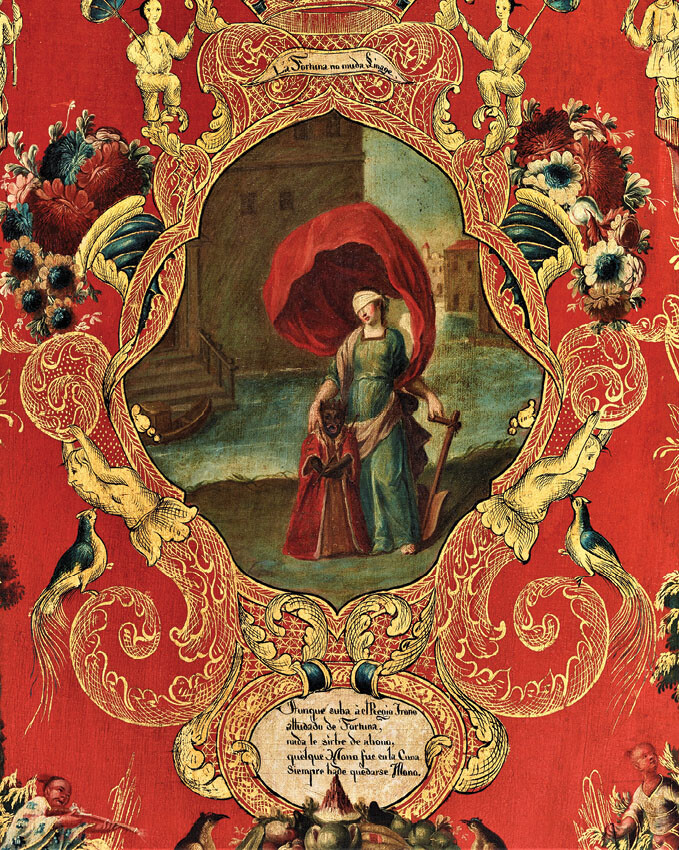 Element 4 (from left to right) of folding screen (biombo) with a set of Emblemata Horatiana, viceroyalty of New Spain, ca. 1740â1760. Oil on canvas, pine, gilding, 150.5 Ã 34 cm (screen in total 340 cm). Dallas Museum of Art, gift of the Stanley and Linda Marcus Foundation, 1993.74.A-B. Image courtesy Dallas Museum of Art