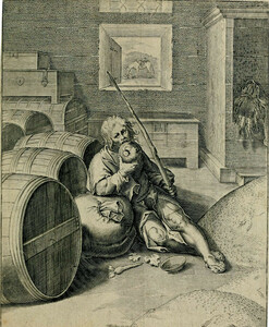 The greedy rich man (Avarus). Vaenius, Emblemata Horatiana (1607). Engraving to image to emblem 62 (p. 131)