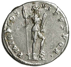 The goddess Virtus: a female figure with helmet, a spear in her left hand, and the parazonium (triangular sword) in her right hand. Silver denarius of Trajan, issued 114â117. https://www.forumancientcoins.com/moonmoth/coins/trajan_014.htm