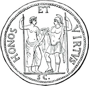 The deities Honos and Virtus. Honos as a young man, bare to his waist, holding a sceptre in his right hand and a cornucopiae in his left, facing Virtus, helmeted, holding a parazonium in his right hand and a spear in his left, resting with her right foot on a boarâs head. After Roman coin, 1st cen. AD. Public domain