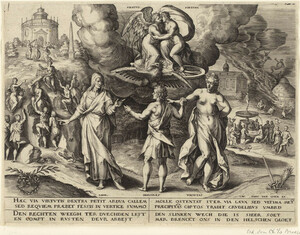 Johannes Wierix after Chrispijn van den Broeck (died 1591), Hercules at the crossroads, standing between the personifications of Labor and Voluptas, engraving, second half of the 16th century. Public domain
