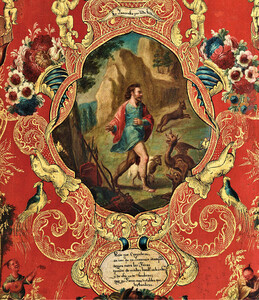 Element 6 of folding screen (biombo) with a set of Emblemata Horatiana, viceroyalty of New Spain, ca. 1740â1760. Oil on canvas, pine, gilding, 150.5 Ã 34 cm (screen in total 340 cm). Dallas Museum of Art, gift of the Stanley and Linda Marcus Foundation, 1993.74.A-B. Image courtesy Dallas Museum of Art