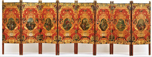 Folding screen (biombo) with a set of Emblemata Horatiana, viceroyalty of New Spain, ca. 1740â1760. Oil on canvas, pine, gilding, 150.5 Ã 340 cm. Dallas Museum of Art, gift of the Stanley and Linda Marcus Foundation, 1993.74.A-B. Image courtesy Dallas Museum of Art