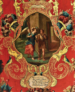 Element 3 (from left to right) of folding screen (biombo) with a set of Emblemata Horatiana, viceroyalty of New Spain, ca. 1740â1760. Oil on canvas, pine, gilding, 150.5 Ã 34 cm (screen in total 340 cm). Dallas Museum of Art, gift of the Stanley and Linda Marcus Foundation, 1993.74.A-B. Image courtesy Dallas Museum of Art