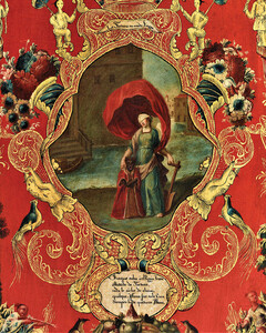 Element 4 (from left to right) of folding screen (biombo) with a set of Emblemata Horatiana, viceroyalty of New Spain, ca. 1740â1760. Oil on canvas, pine, gilding, 150.5 Ã 34 cm (screen in total 340 cm). Dallas Museum of Art, gift of the Stanley and Linda Marcus Foundation, 1993.74.A-B. Image courtesy Dallas Museum of Art