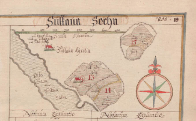 A drawing of the church of Sulkava (upper building on the left) and parsonage marked with the letter D in the land taxation map from the 1640s. Both buildings were located by the Sulkava strait. It is likely that rather than resembling the actual buildings, they were drawn according to a conventional model