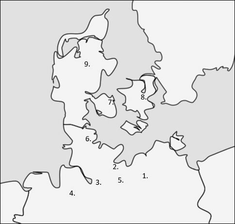 Dioceses with printed missals and breviaries 1478–1500: 1. Schwerin; 2. Lübeck; 3. Hamburg; 4. Bremen; 5. Ratzeburg; 6 Schleswig; 7. Odense; 8. Roskilde; 9. Viborg