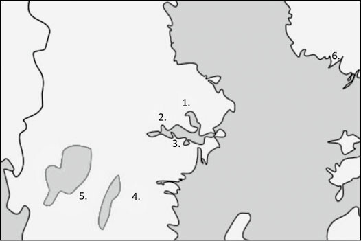Dioceses with printed missals and breviaries 1484–1500: 1. Uppsala; 2. Västerås; 3. Strängnäs; 4. Linköping; 5. Skara; 6. Turku
