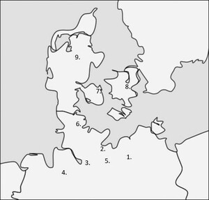 Dioceses with printed missals and breviaries 1478–1500: 1. Schwerin; 2. Lübeck; 3. Hamburg; 4. Bremen; 5. Ratzeburg; 6 Schleswig; 7. Odense; 8. Roskilde; 9. Viborg