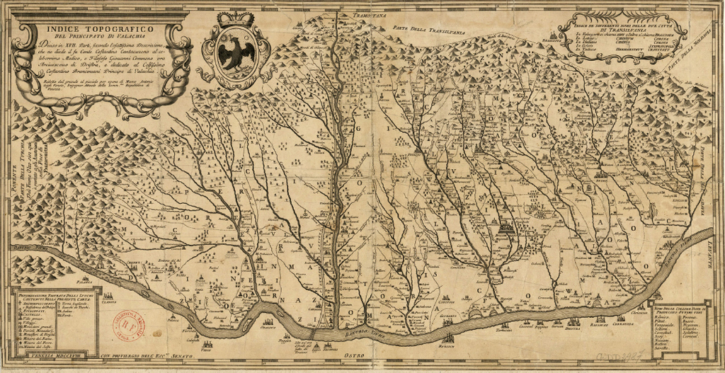 Constantin Cantacuzino, map of Wallachia drawn between 1694â99, published in 1700 at Padua, in Anton Maria del Chiaro, Istoria delle moderne rivoluzioni della Valachia, Venice, 1718