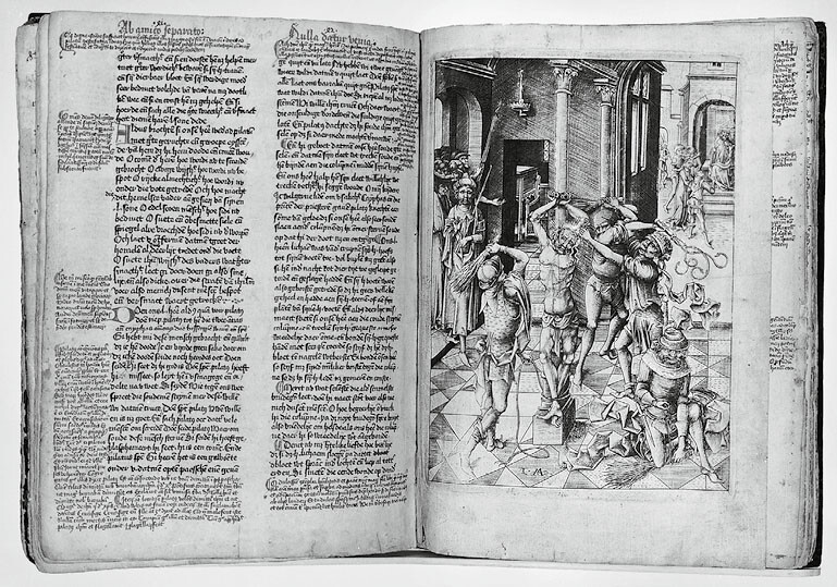 Articles 41 and 42 of the Hondert articulen der passien Iesu Christi and Israhel van Meckenem, Flagellation of Christ, from the GroÃe Passion, ca. 1480. Engraving. Groenendaal Passion, fols. 23v and 24r. Album: late fifteenth century; each folio ca. 260 Ã 204 mm