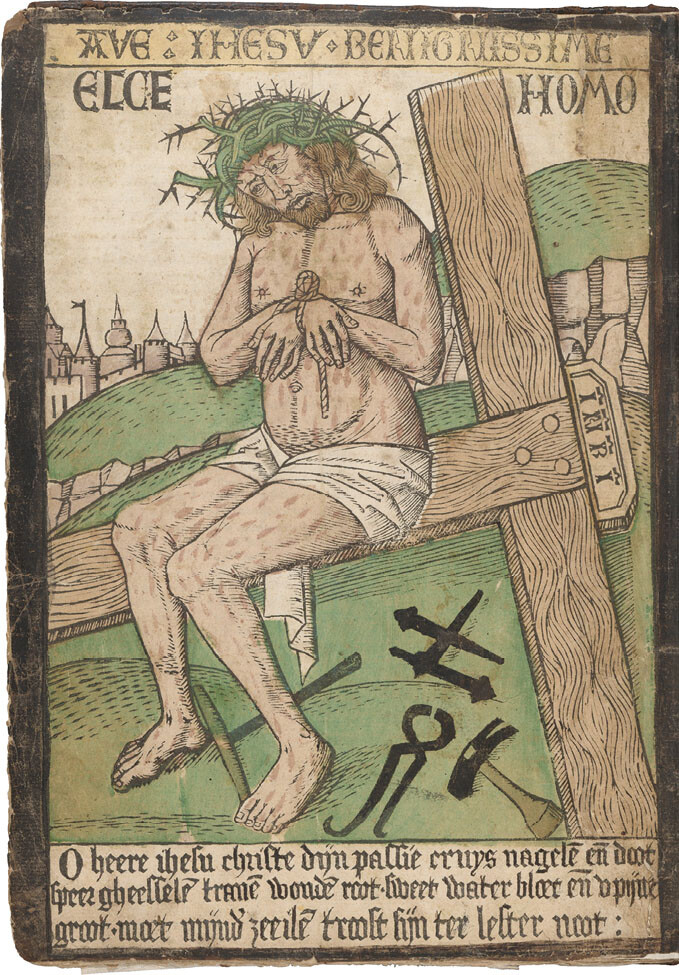 Netherlandish School, Christ the Man of Sorrows, ca. 1490â1500. Woodcut, hand-coloured in green, two shades of brown, flesh colour, yellow, black, and touches of red lake, 257 Ã 170 mm