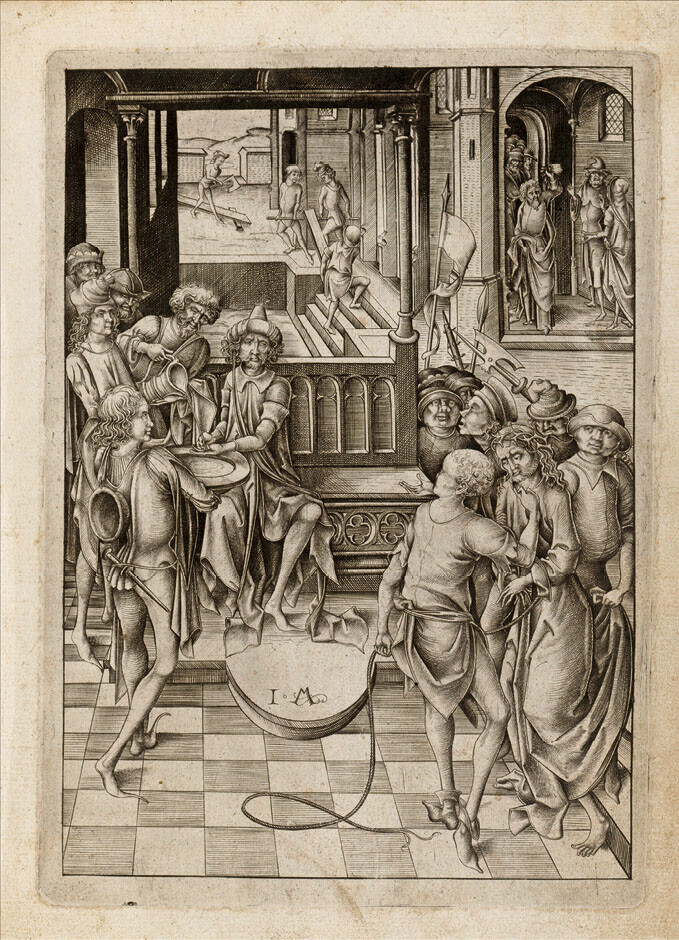 Israhel van Meckenem, Pilate Washing his Hands, with Workmen Building the Cross and Judas Returning the Thirty Pieces of Silver, from the GroÃe Passion, ca. 1480. Engraving, ca. 205 Ã 151 mm