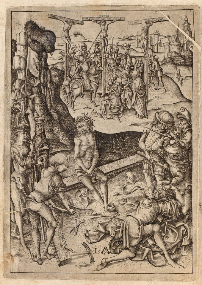 Israhel van Meckenem, Christ Awaiting Crucifixion, with the Crucifixion in the Distance, from the GroÃe Passion, ca. 1480. Engraving, ca. 205 Ã 151 mm