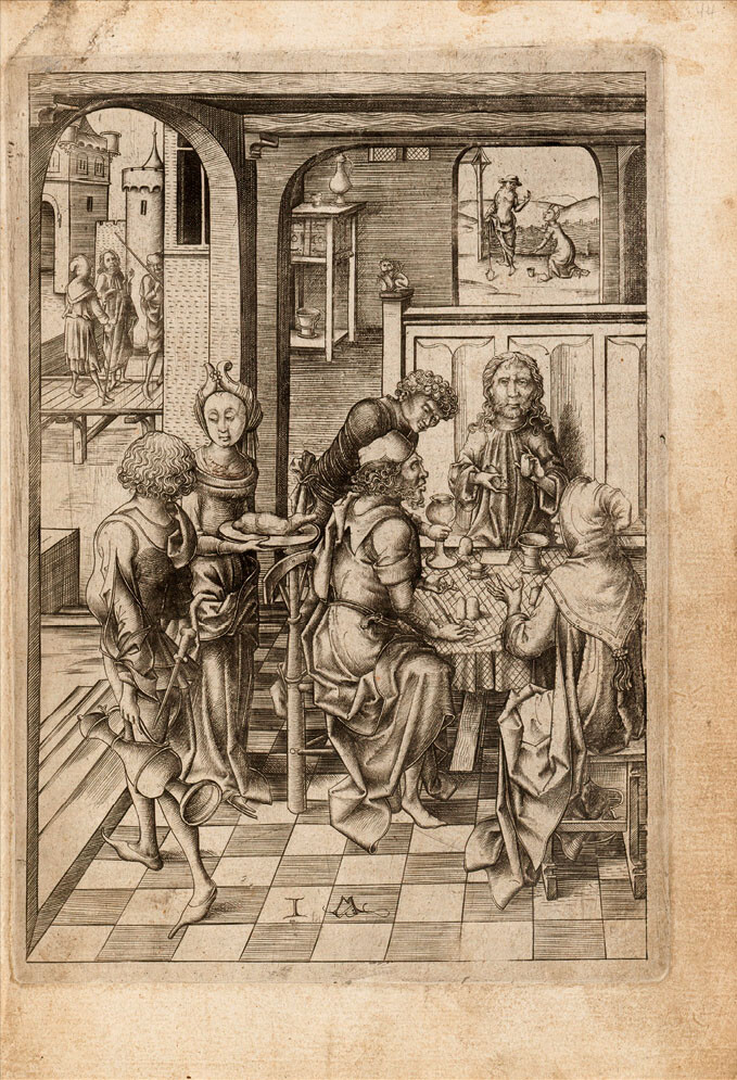 Israhel van Meckenem, Supper at Emmaus, with Christ and the Two Disciples on the Way to Emmaus and Christ and the Magdalene in the Garden, from the GroÃe Passion, ca. 1480. Engraving, ca. 205 Ã 151 mm