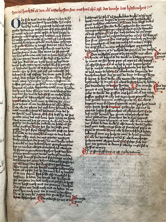âVanden hoechsten ende den alder costelijcsten scat ons heren ihesu christi der doecht des lijdsamheitâ. Groenendaal Passion, fol. 6r