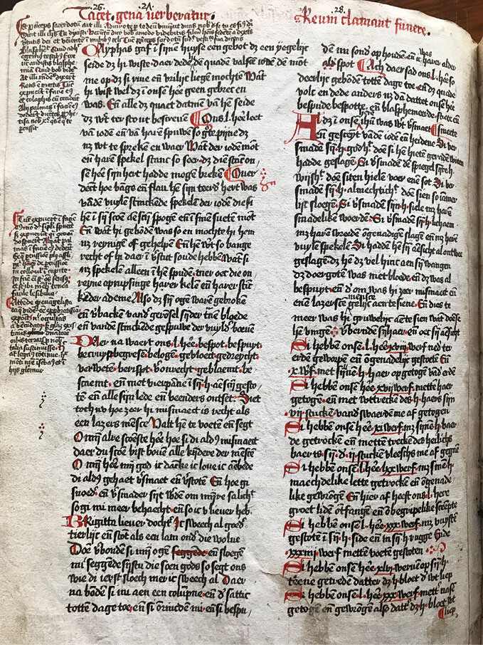 Articles 26, 27, and 28 from Hondert Articulen, with marginal notations. Groenendaal Passion, fol. 21v