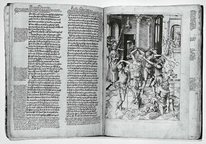 Articles 41 and 42 of the Hondert articulen der passien Iesu Christi and Israhel van Meckenem, Flagellation of Christ, from the GroÃe Passion, ca. 1480. Engraving. Groenendaal Passion, fols. 23v and 24r. Album: late fifteenth century; each folio ca. 260 Ã 204 mm