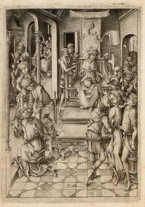 Israhel van Meckenem, Christ Brought before Annas, with Denial of Peter and Mocking of Christ, from the GroÃe Passion, ca. 1480. Engraving, ca. 205 Ã 151 mm