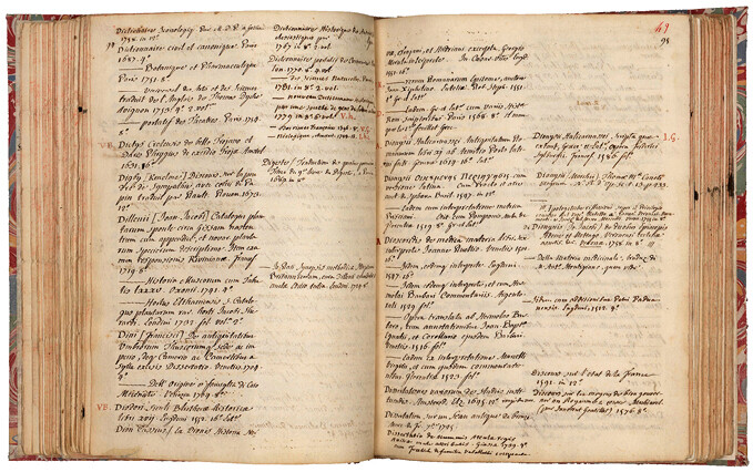 The library catalogue of J.F. Séguier, opened at the page recording Dilleniusâs Historia Muscorum (1741). The catalogue is organised alphabetically rather than by genres. The right-hand side of the page was kept blank to allow Séguier to insert new acquisitions