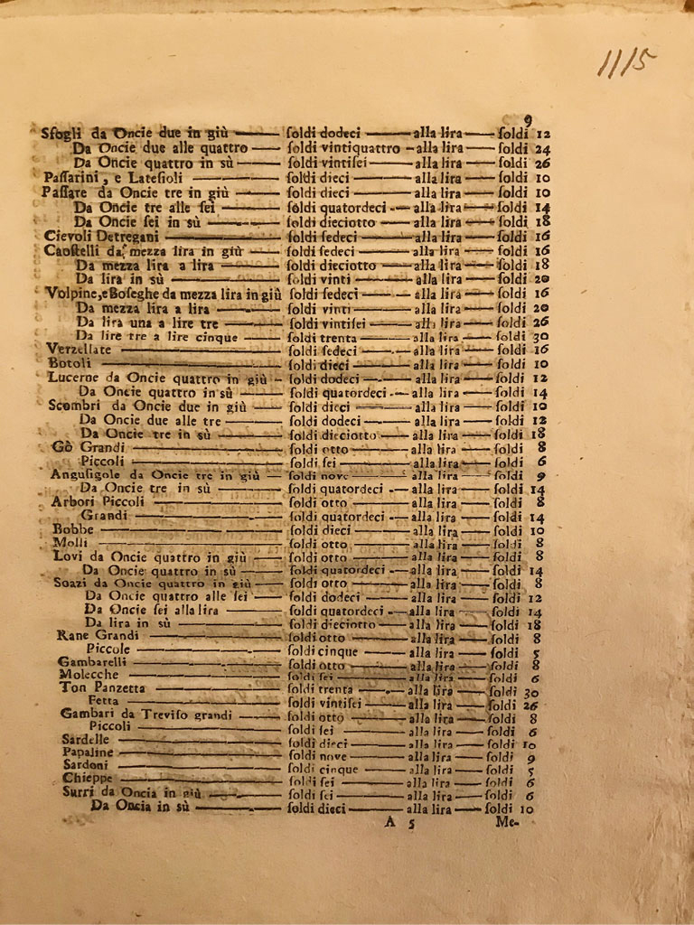 List of fish prices for the fish market in 1760 for the months of June and July. Provenance: Archivio di Stato di Venezia, Compilazione leggi Pesca, Pescaria, Pescatori, Pesce (1314â1786). A big gobius (go) costs 8 soldi, just like a big frog (rana grande)