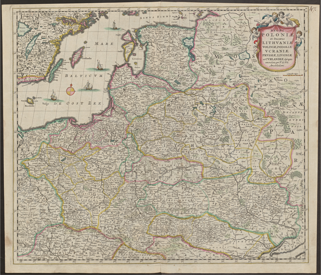 Map of Poland-Lithuania c.1721. Frederik de Wit, Nova et accurate … Europae descriptio, accuratissima totius regni Hispaniae tabula …, novissima … regnorum Angliae, Scotiae, Hiberniae tabula, … reipublicae et status generalis Poloniae nova tabula, comprehendens maioris et minoris Poloniae regni, Magni Ducatus Lituaniae, Ducatus Prussiae, Curlandiae, Russiae Ucrainiae et Podoliae, novissimam …, atlas maior (Amsterdam: F. de Wit, J. Covens, C. Mortier, 1670–1721), fol. 130. (Joachim Lelewel Collection), VUB 01_000492457, Vilnius University Digital Collections: https://kolekcijos.biblioteka.vu.lt/objects/VUB01_000492457#00130